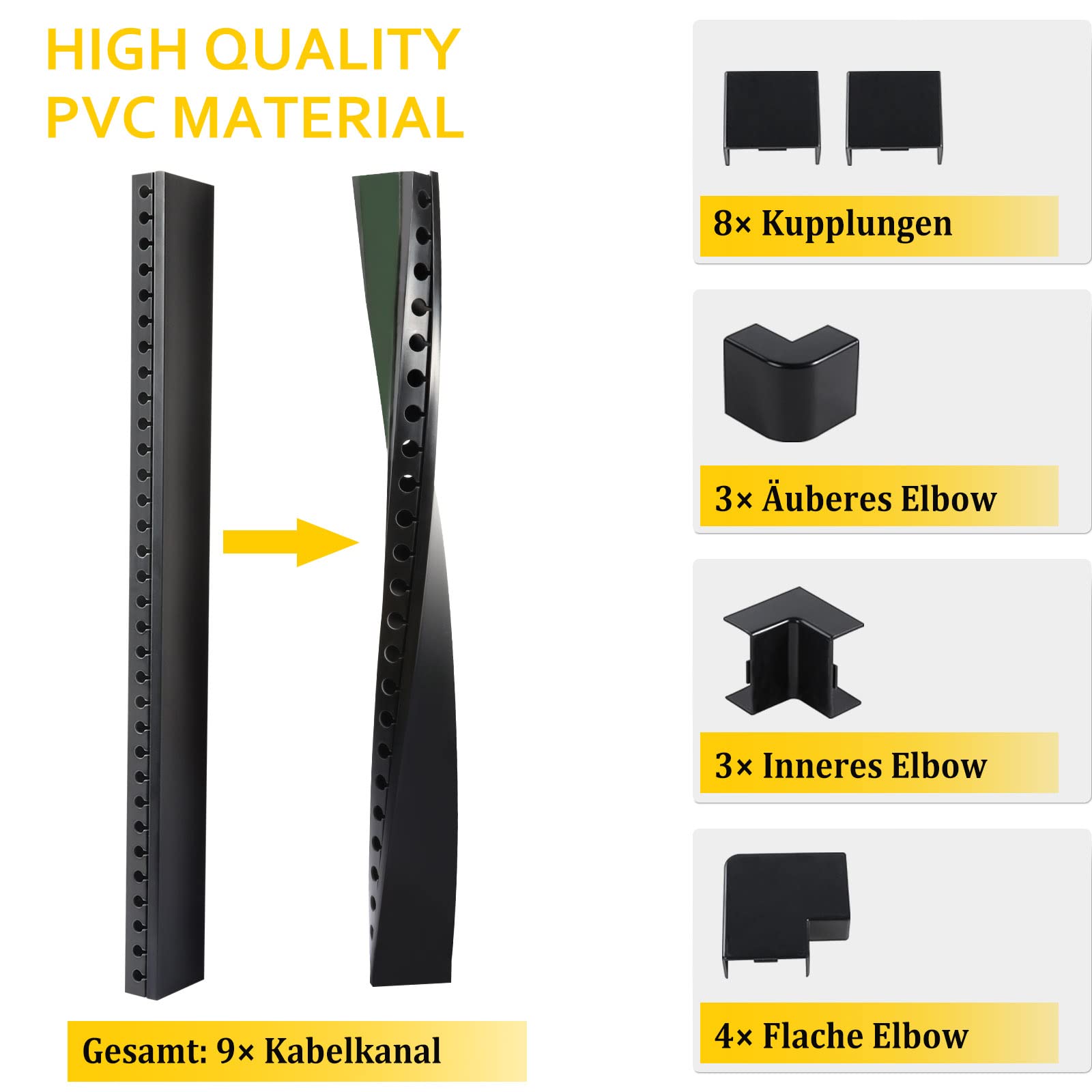 Kabelkanal Selbstklebend, Alritz 9 Stück PVC Kabelabdeckung Kabelmanagement Schreibtisch und TV Kabelkanal Installationskanal Wand (Black)