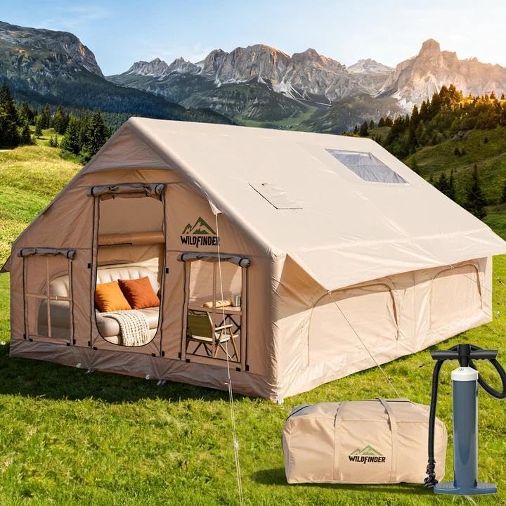 WildFinder Inflatable Tent with Skylight & Stove Jack, Blow Up Tents | Inflatable Tents for Camping, Hot Tent with Stove Jack, Waterproof Air Tent with Pump, Glamping Tent
