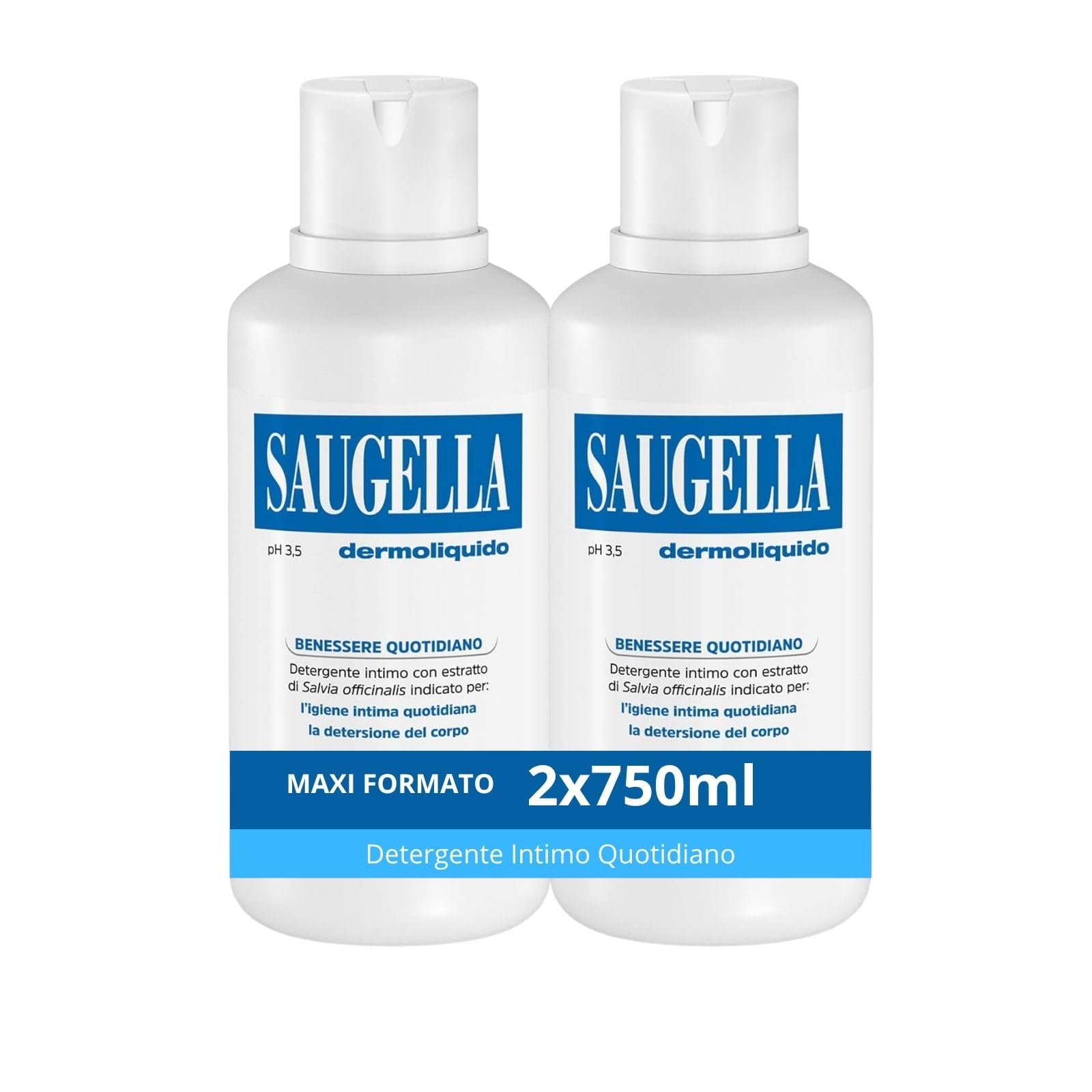 Saugella Dermoliquido Waschmittel für den täglichen Gebrauch, pH 3,5, geruchshemmend, erfrischend und belebend, mit Salbei und Milchsäure, 2 Reinigungsmittel à 750 ml