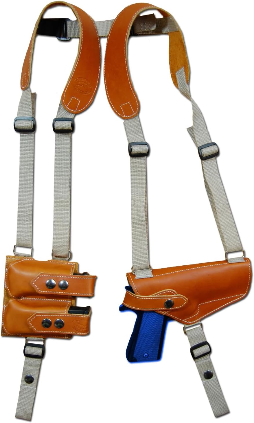Barsony New Horizontal Tan Leather Shoulder Holster w/Dbl Mag Pouch for Full Size 9mm 40 45