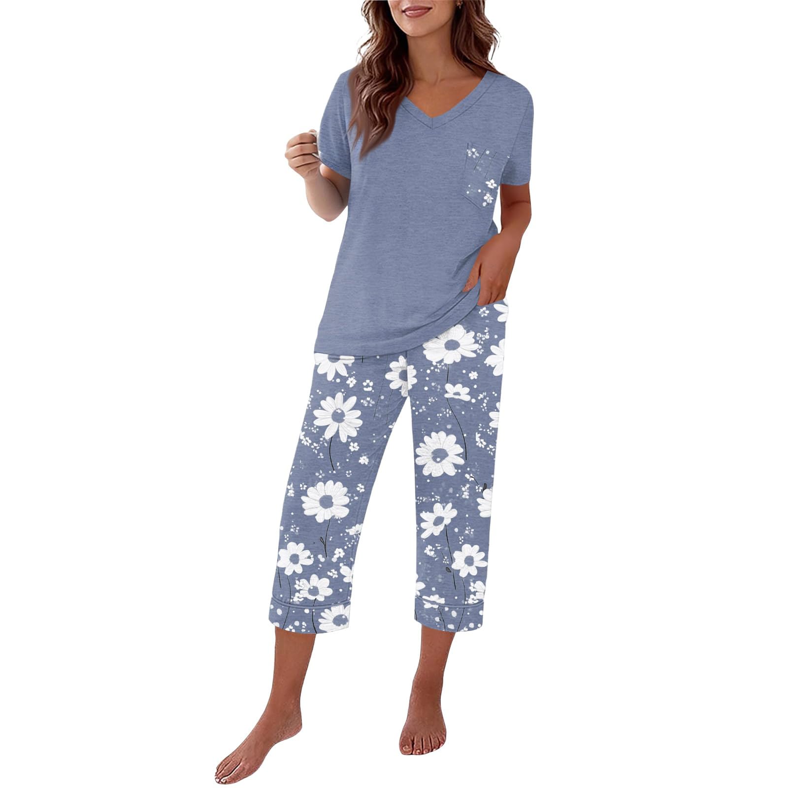 Pigiama Pinocchietto Donna Estivo Set Da Notte T Shirt Con Scollo A V