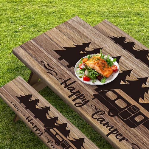 Britown Picnic Table Cover with Bench Covers Elastic Edges, Wooden Camper Fitted Table Cover, Outdoor Patio Camping Essentials 72 Inch 3PCS, Waterproof Camping Fitted Tablecloth with Drawstring Bag