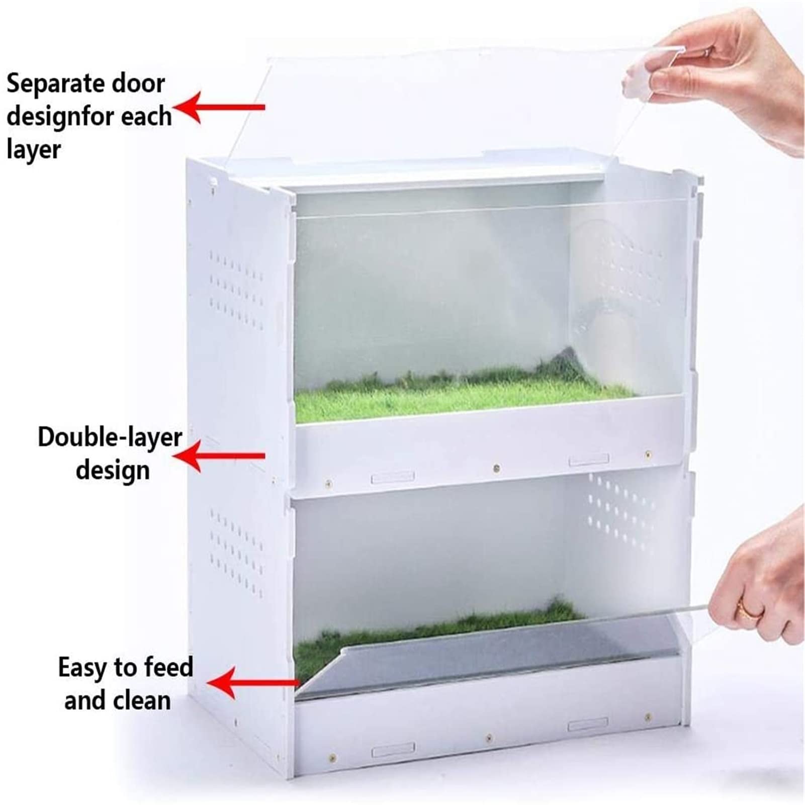Caja de alimentación para Reptiles, casa de cría de Insectos de Doble Cubierta, contenedor Transparente de terrario acrílico para Tortugas Serpientes Lagarto Geckos (40 * 30 * 37,5 CM)
