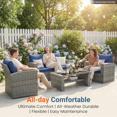 Image of Wisteria Lane Patio Furniture Set, Wicker Outside Outdoor Furniture for All Weather, Patio Sofa with High Backrest Support and Wide Armrest for Backyard, Balcony, Deck, Porch, Navy Blue