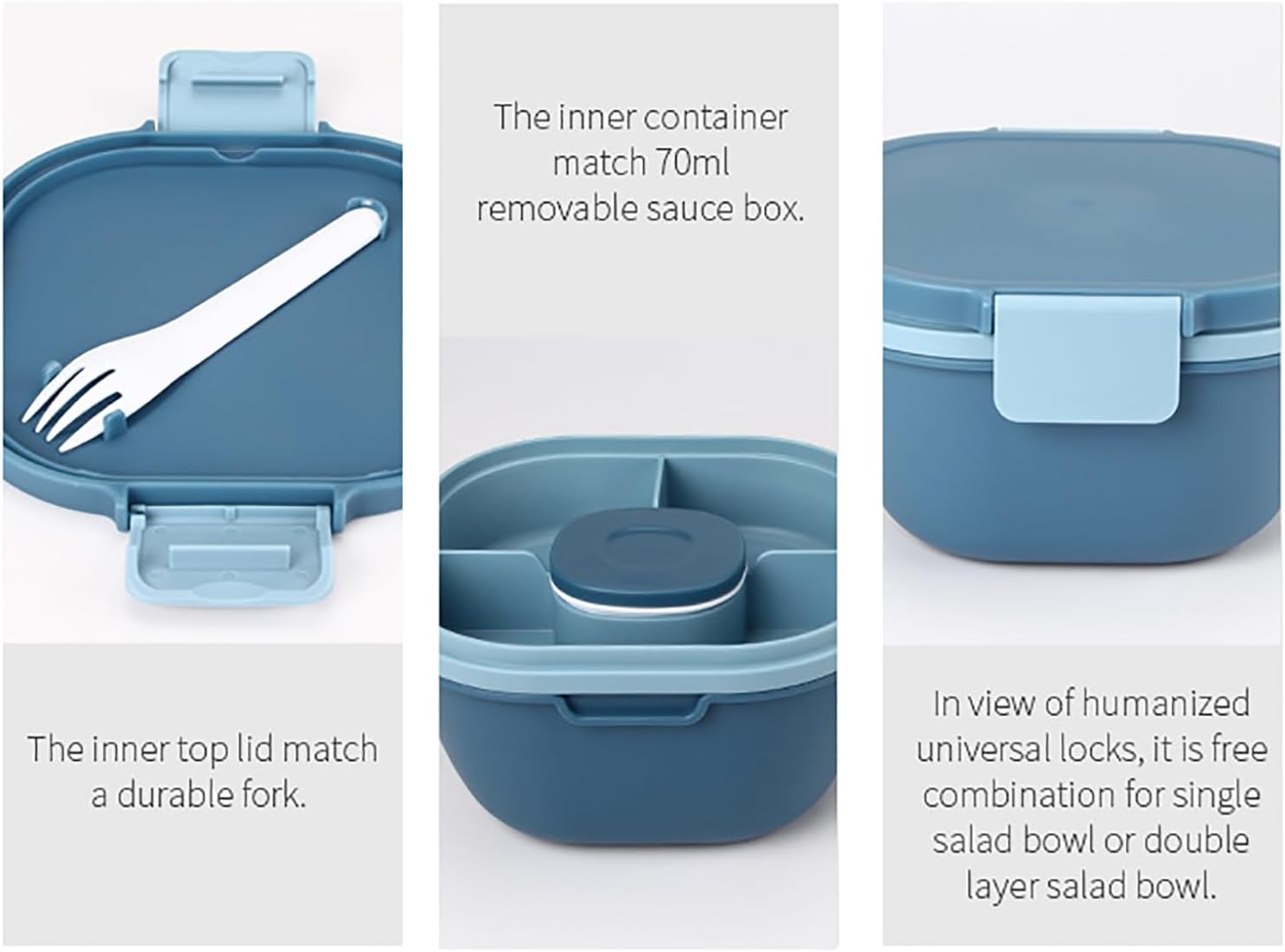 Double-Layer Salad Bowl Set,Leak-Proof & Airtight, Includes 4-Compartment Tray & Leak-Proof Dressing Container, Portable, Reusable, and Dishwasher Safe (Blue)