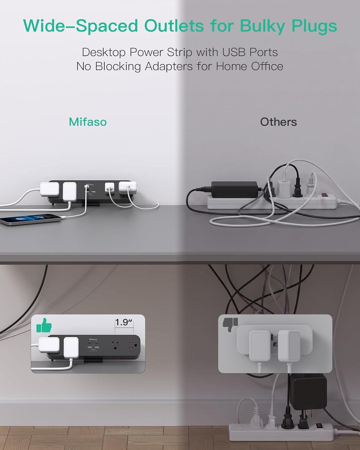 Mifaso Desk Clamp Power Strip 10FT, 40W USB C Fast Charging Station, Black
