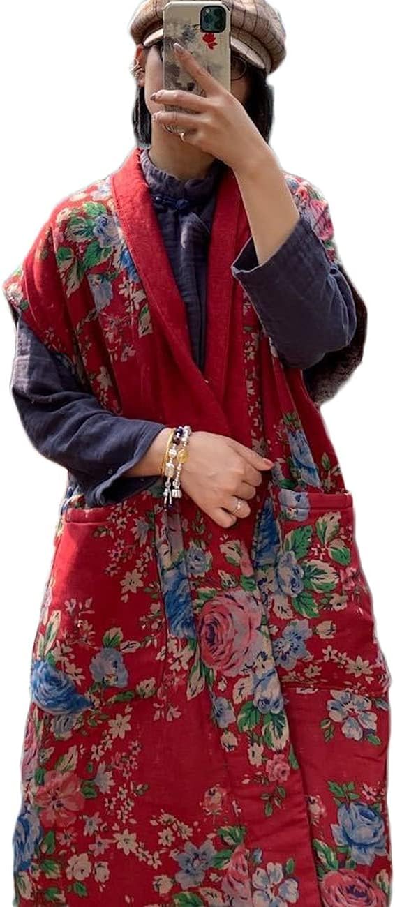 LUZU JUNU Women Fall Spring Sleeveless Vests Cotton Print Floral Long Vests Chinese Vintage Patchwork Waistcoat