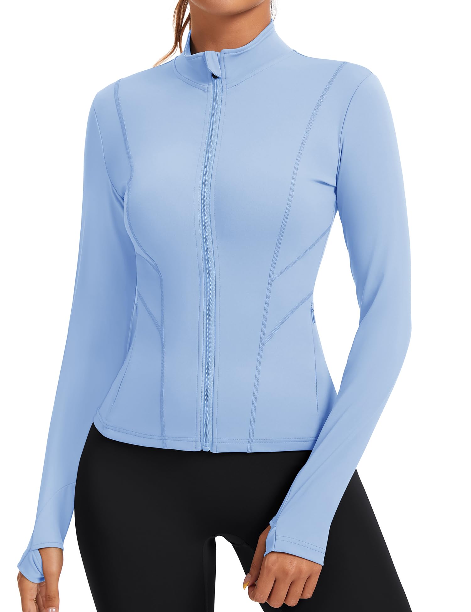 Rapbin Damen Laufjacke Sport Oberteil Sportjacke Langarm Gym Tops Atmungsaktive Leichte Trainingsjacke für Yoga Gym Fitness Mit Daumenloch und Seitlichem Reißverschluss