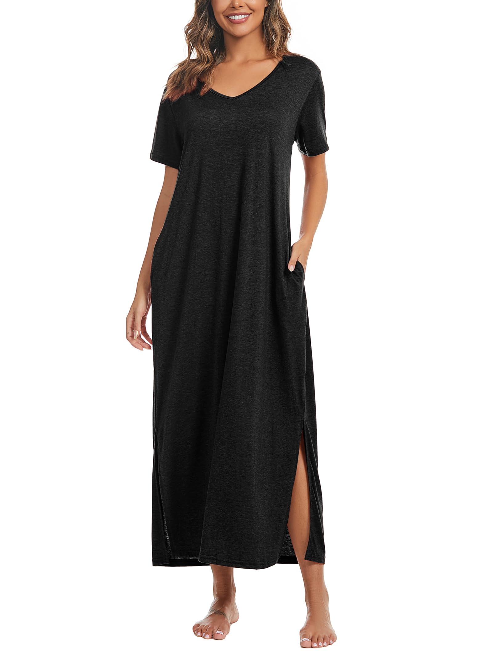 Marvmys Women Short Sleeve Nightgown Cotton Long Nightshirts with Pocket