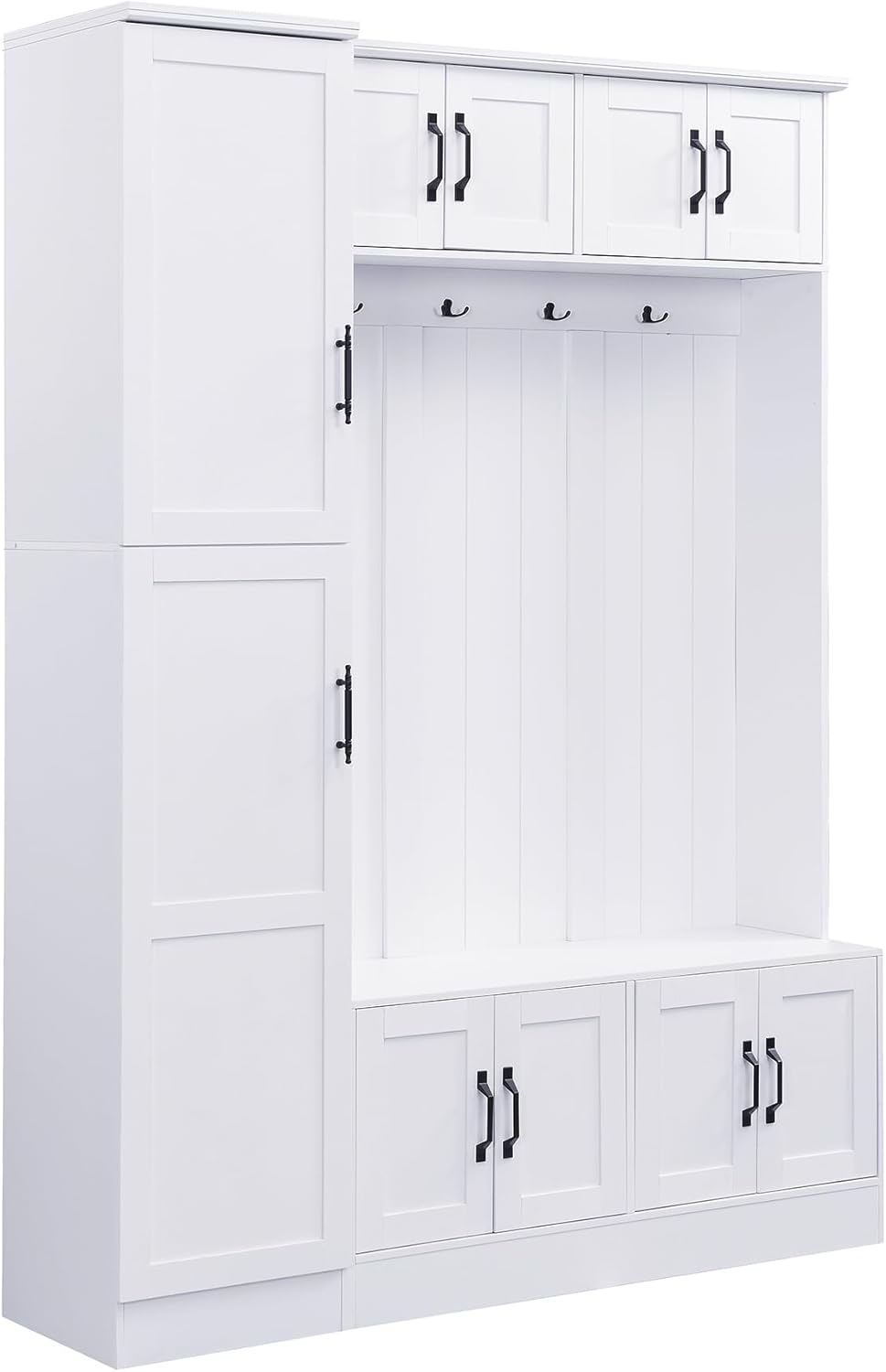 LUMISOL Modern Entryway Hall Tree with 6 Cabinets, 4-in-1 Entryway Bench with 4 Hooks & Adjustable Shelf, 79" H Mudroom Coat Rack with Shoe Storag for Hallway Living Room, White