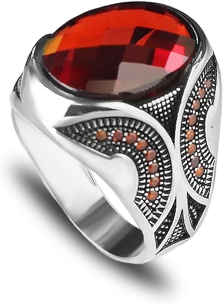 925 Sterling Silver Men's Garnet Stone Ring, Handmade, Gift for Him