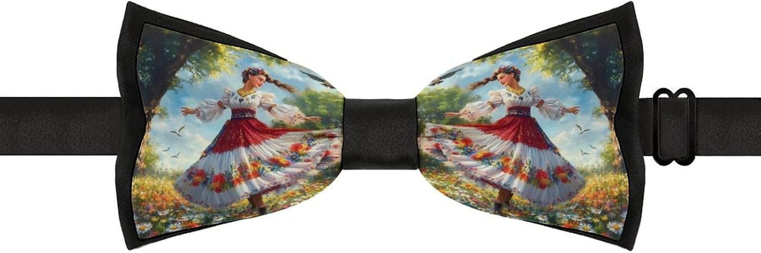 Ukrainian Woman Flower Field Bow Ties for Men Fun Printed Pre Tied Adjustable Bowtie for Party Wedding