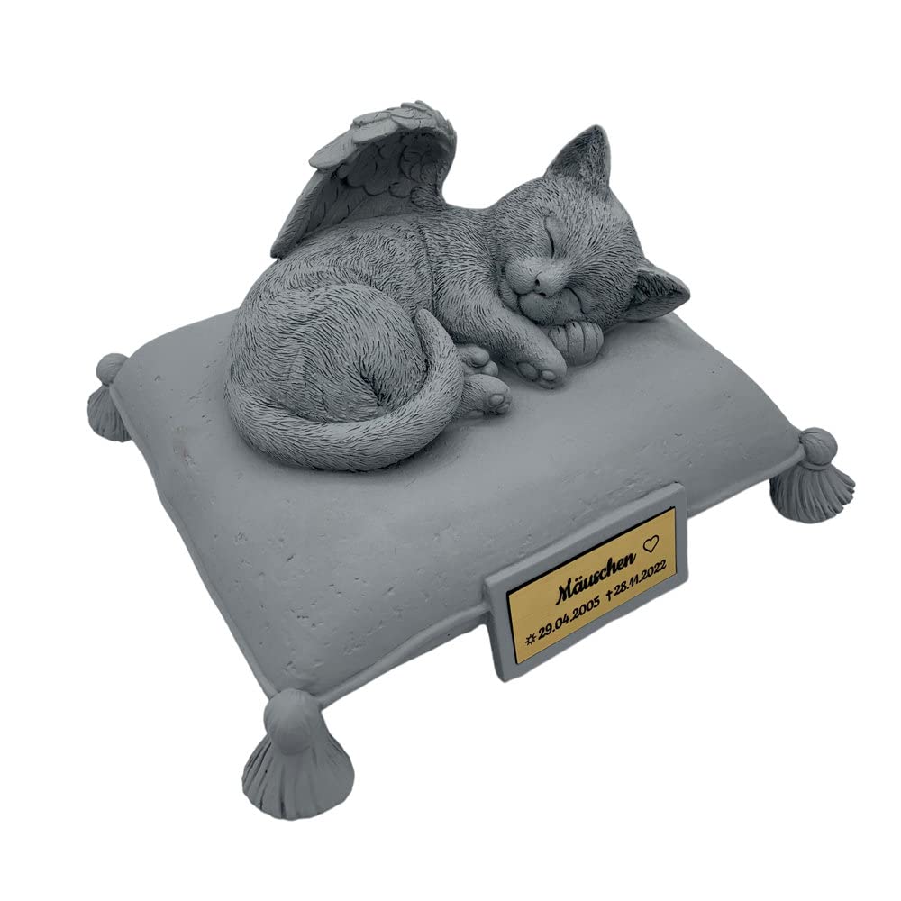 Monello Katzenurne Katze auf Kissen bis ca. 15 kg Tiergewicht individuelle Gravur auf Wunsch Katzenurne für Zuhause (Hellgrau)