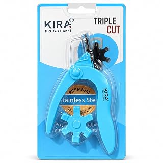 KIRA Professional Triple Cut Artificial Nail Tip Cutter with 6 Adjustable Length Settings, Clear Tip Trapper, Straight, Round & Well Cut, Stainless Steel Blade, Blue