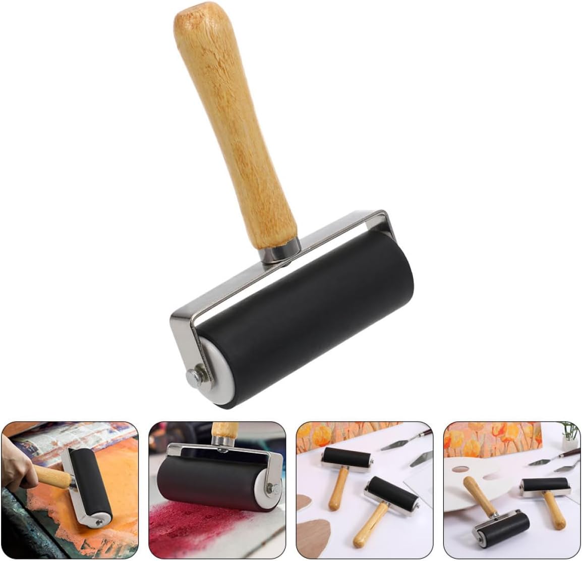 YARNOW 4pcs Black 10cm Printmaking Ink Rollers with Wooden Handles, Rubber Rollers for DIY Craft Tools and Painting, Suitable for Relief Printing and Stamping Applications