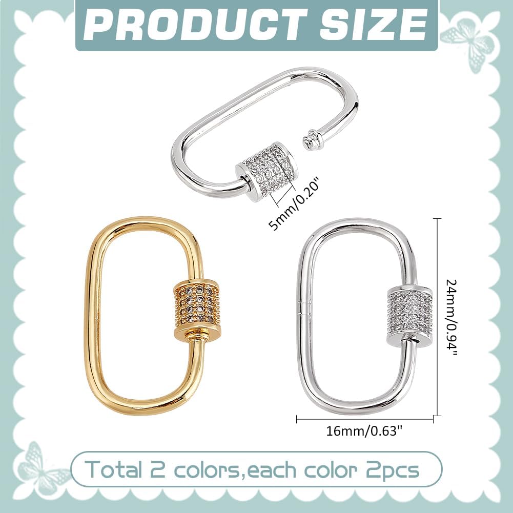 PH PandaHall 4pcs 18K Gold Plated Carabiner Lock 2 Colors Oval Screw Lock Charms Clip Small Micro Pave Cubic Screw Necklace Link Connector Golden Snap Clips for Keychain Jewelry Making, 0.94x0.63inch - Image 2
