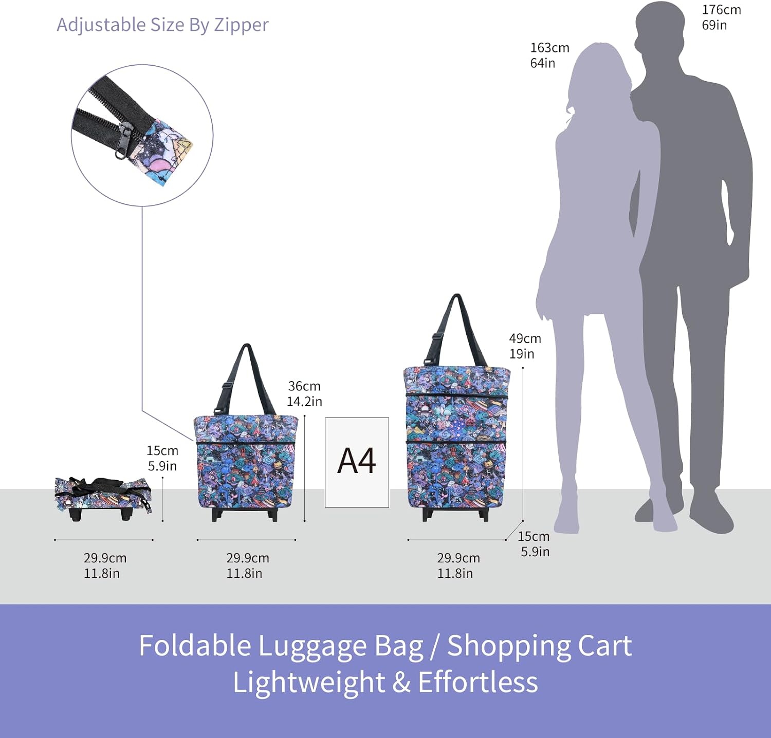 Folding Shopping Bag with Wheels, Small Rolling Folding Grocery Cart on Wheels, Collapsible Wheeled Portable Rolling Tote Bag for Groceries Shopping Cart