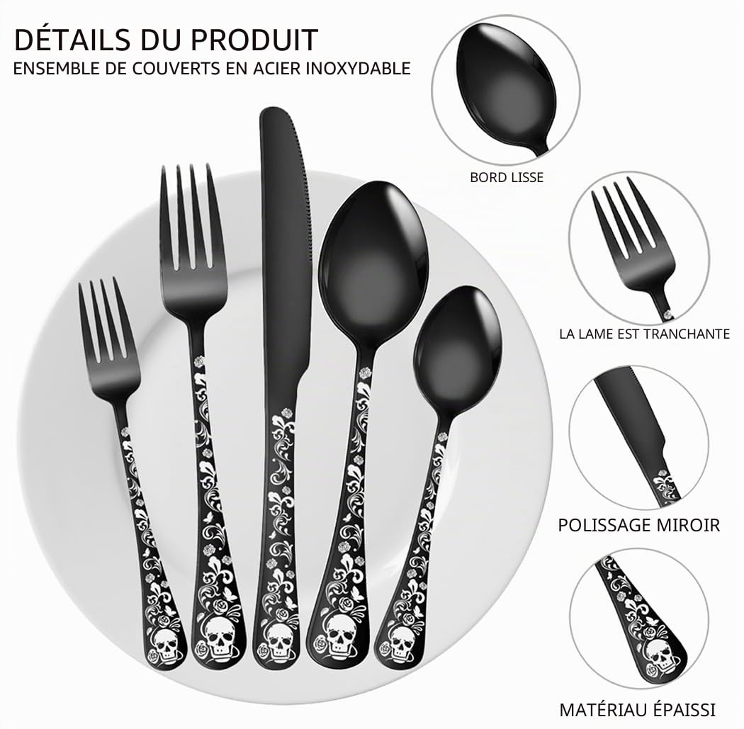 XIAOYU Ensemble de couverts bizarres de 20 pièces, ensemble d'argenterie de crâne gothique pour 4, motif unique de fleur de squelette, ustensiles de table pour événement d'Halloween, Noir