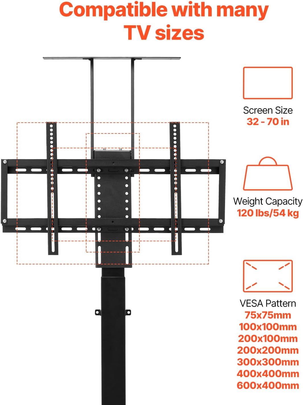 VEVOR Motorized TV Lift Stand, 32-70 Inch, 120 lbs Max Load, Floor Mount, Supports Most VESA Patterns, Ideal for Offices, Living Rooms & More
