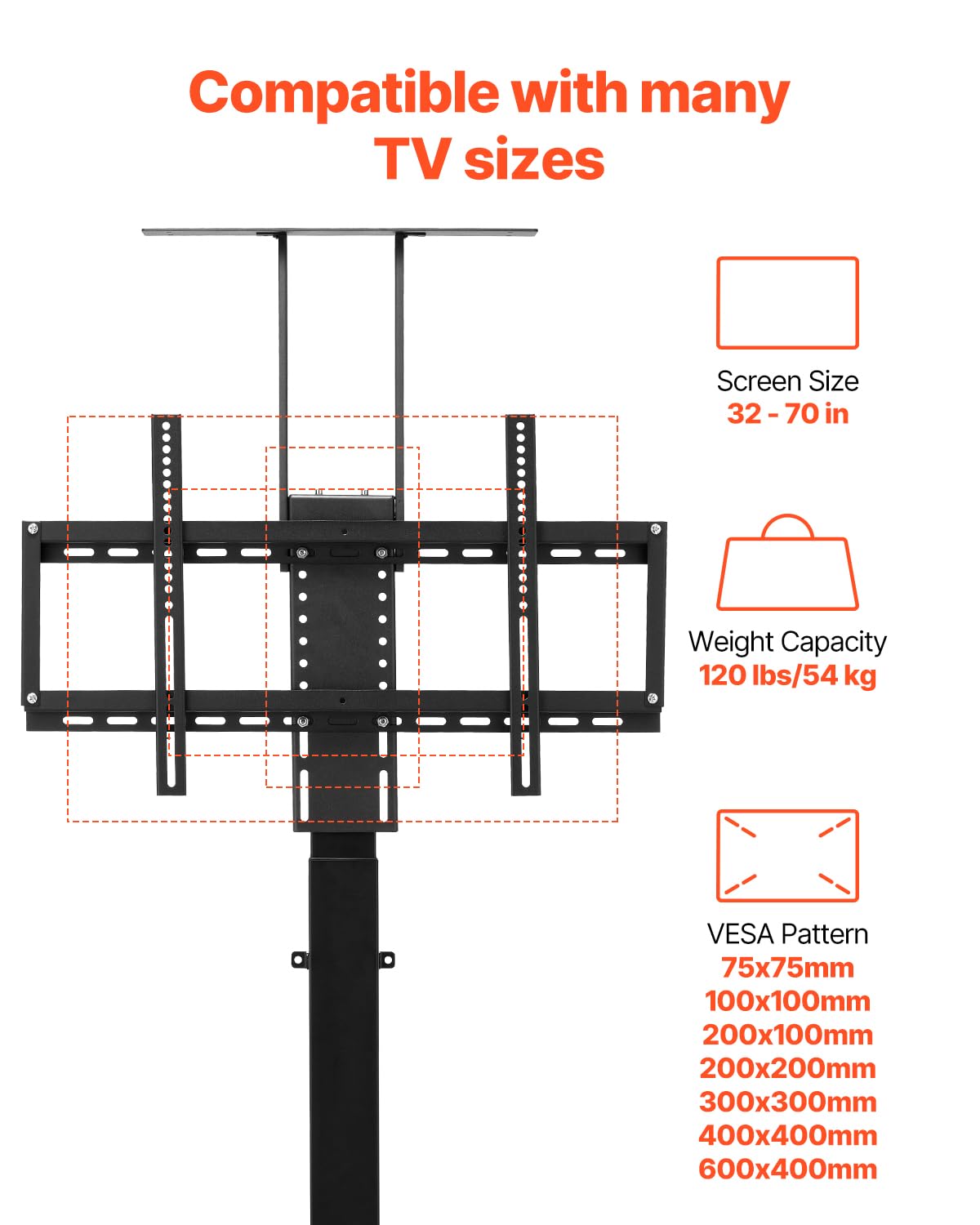 VEVOR Zmotoryzowany uchwyt podnośnikowy do telewizora, 81,3-177,8 cm, maksymalne obciążenie 54,4 kg, uchwyt podłogowy, pasuje do większości modeli VEA, idealny do biur, salonów i nie tylko