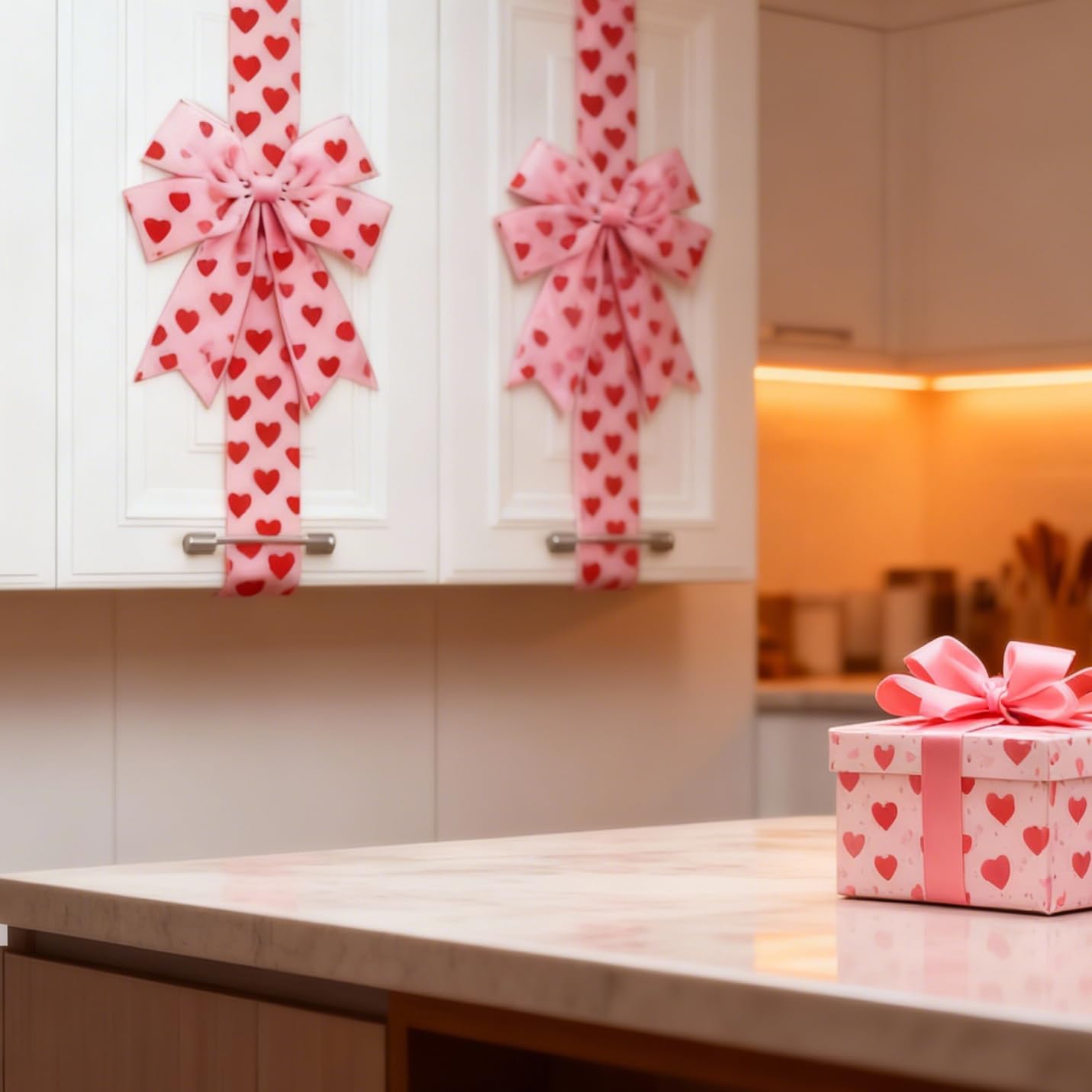 6 Pcs Red Hearts Valentines Cabinet Bows, Valentines Cabinet Ribbon Bows for Window & Kitchen Decorations, Valentine's Day Party Supplies (Hearts, 79 Inches)