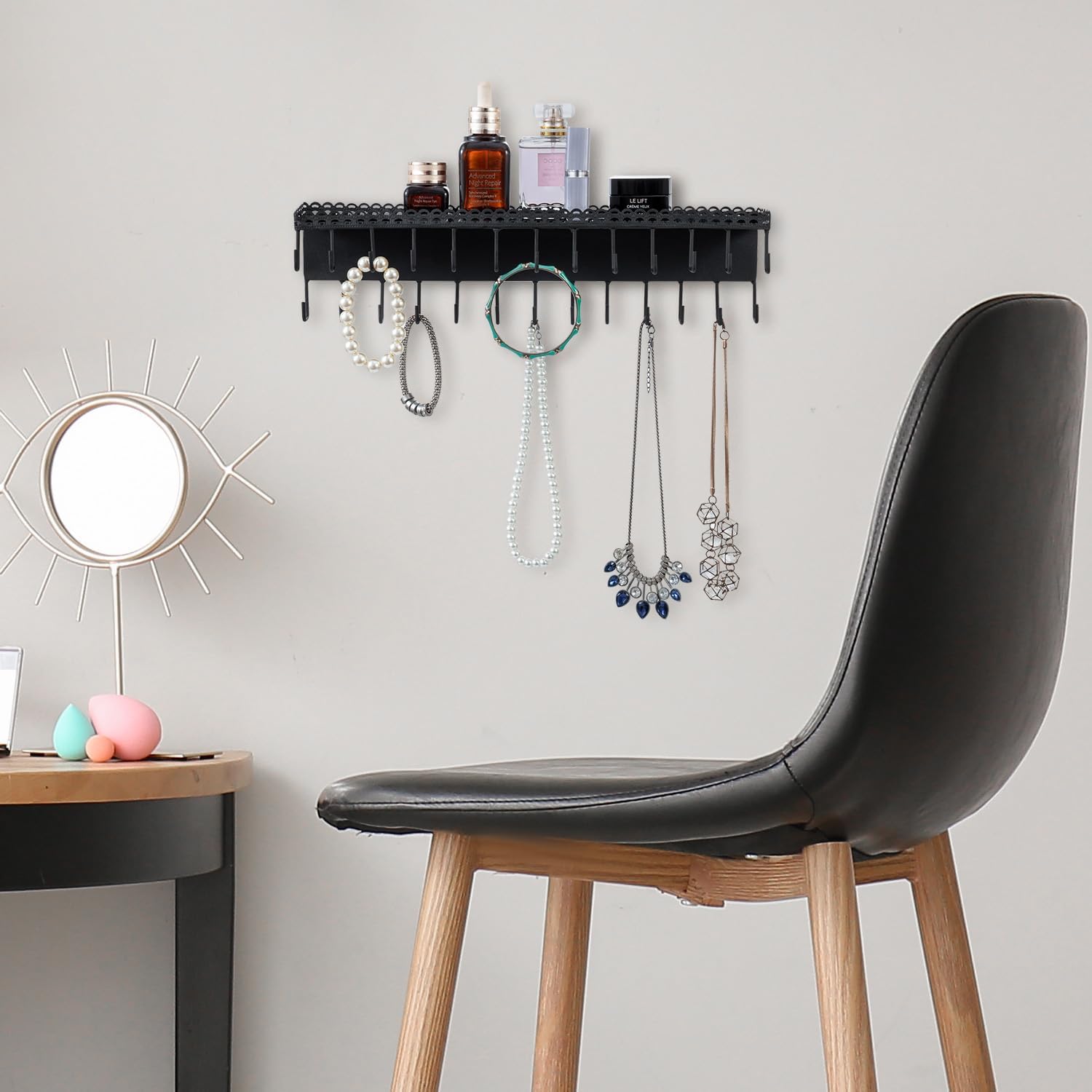 MyGift 15 Inch Wall Mounted Matte Black Metal Jewelry Organizer & Display Shelf with Vintage Lace Design, Hanging Perfume Storage and 26 Hook Necklace Hangers