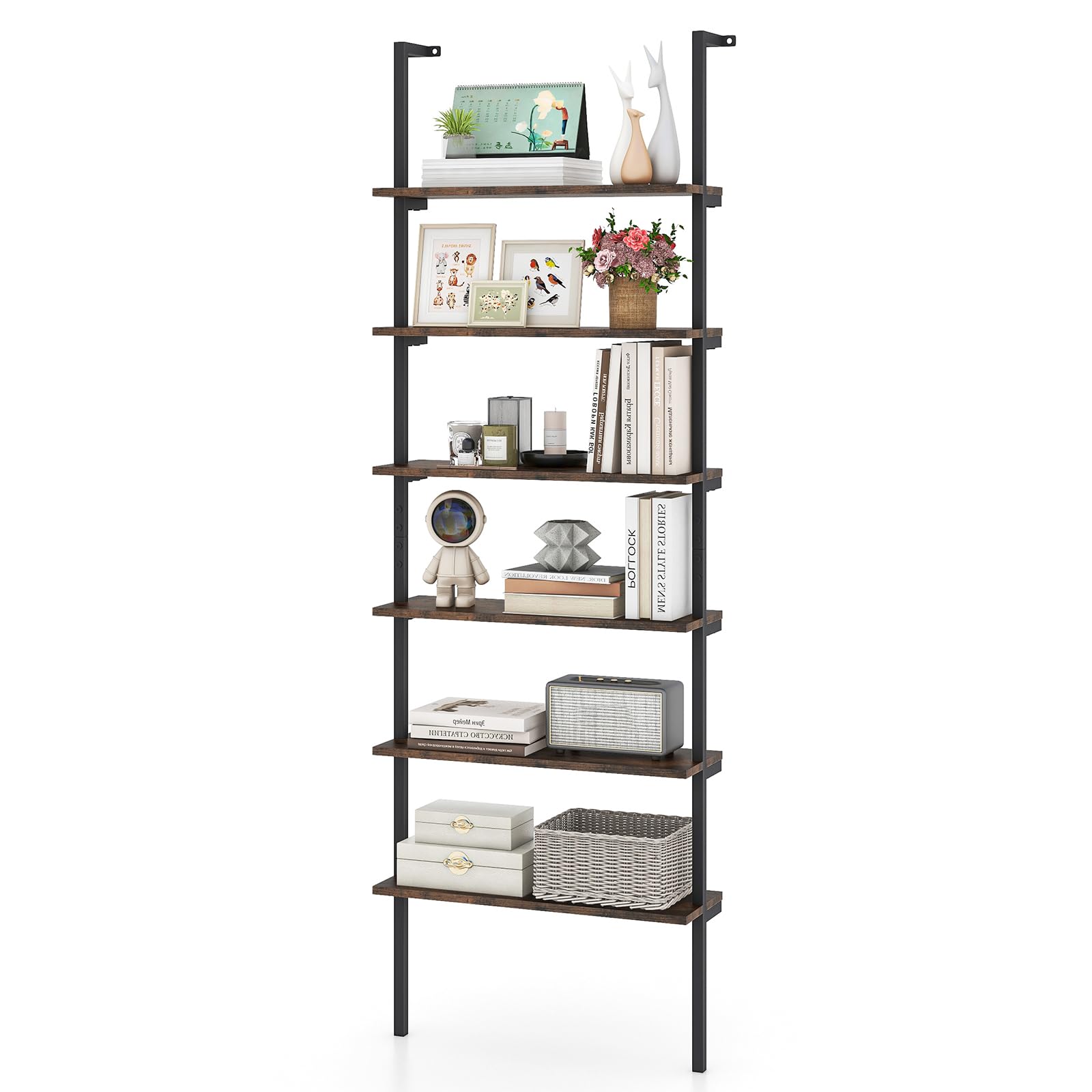 HOMASIS Estantería de Pared con 6 Niveles, Librería Escalera con Estructura metálica y Dispositivos antivuelco, Estantería Abierta Moderna para salón, Dormitorio, Oficina, 60x20x183cm (Marrón)