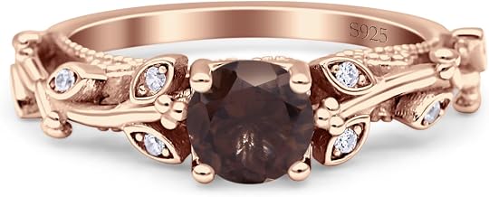 OMRANII Art Deco Floral Leaf Style Round Natural Chocolate Brown Smoky Quartz Stones Vintage Style Solitaire Engagement Ring CZ 925 Sterling Silver