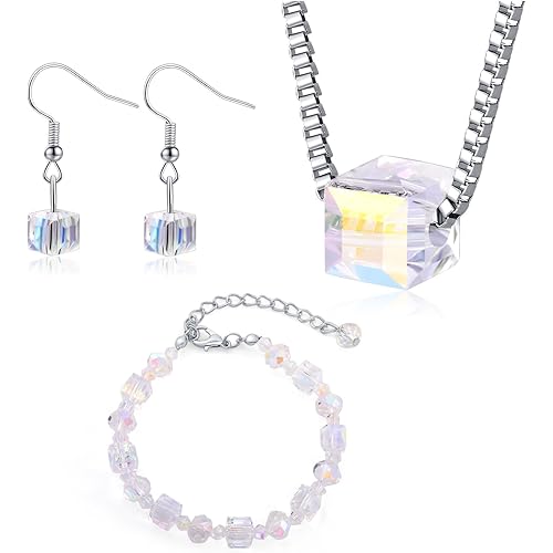 Txibikn 4 Pieces Fashion Colorful Starlight Crystal Rhinstone Pendant Necklace Earring Bracelet Jewelry Set for Women Lady Wedding Birthday Party