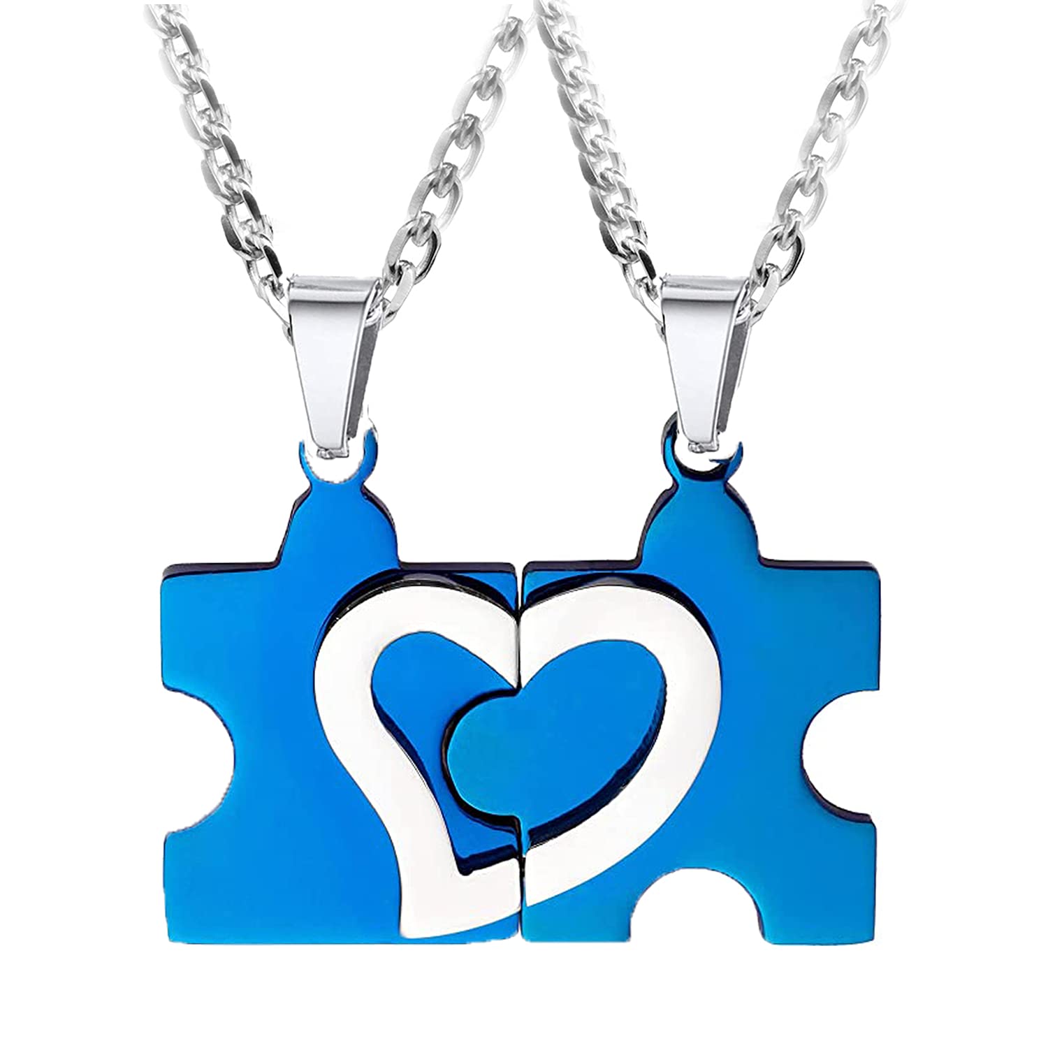 2pcs Stainless Steel Couples Necklace Set - His & Hers Puzzle Heart Pendants - Birthday/Valentin's Gift Jewelry