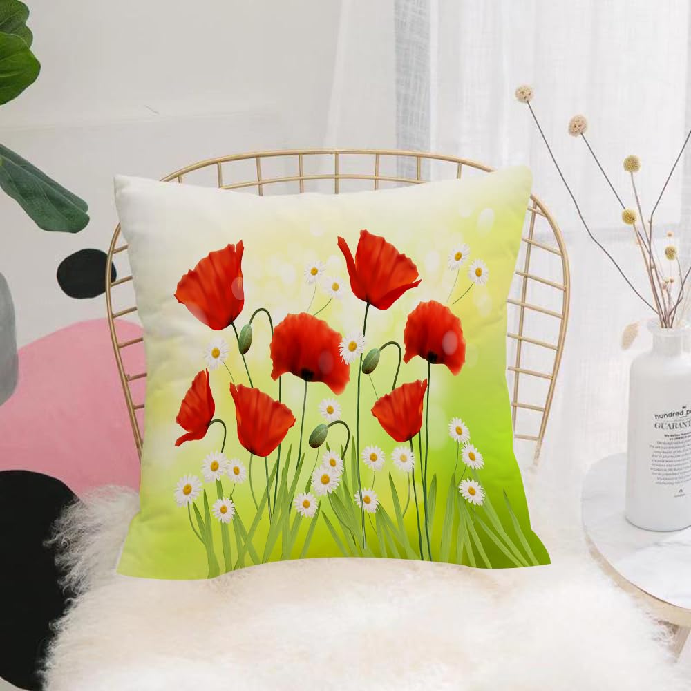 HYOSXW Cushion Cover,Throw Pillow Case Home Decorative for Living Room Bedroom Sofa Chair 16X16 Inch,Poppy set, spring environment with poppies and daisies,Pillowcase 40X40cm