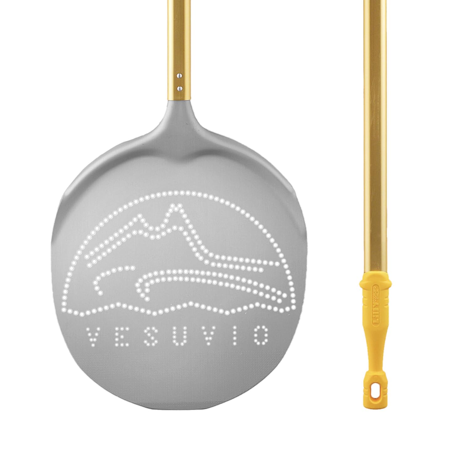 Pala rotonda "Vesuvio" ø 33 cm, lega alluminio forata, h. 90 cm.