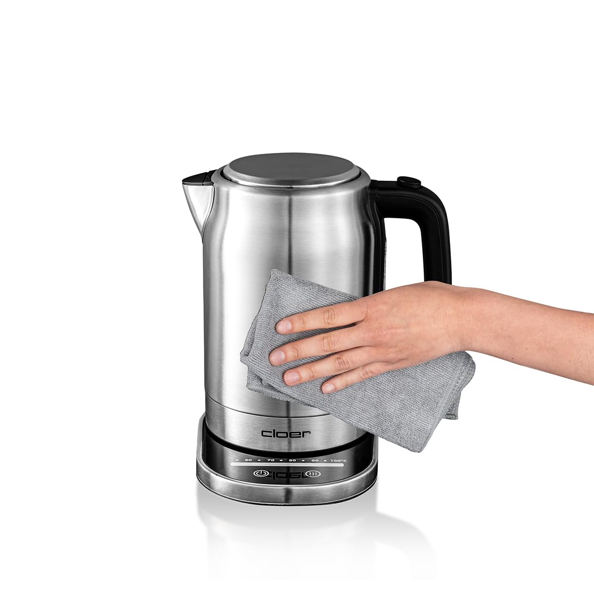Cloer 4459 Hervidor de agua táctil, 2200 vatios, estación base con pantalla LED de superficie de vidrio, pantalla táctil con control de temperatura, 1,7 litros, acero inoxidable
