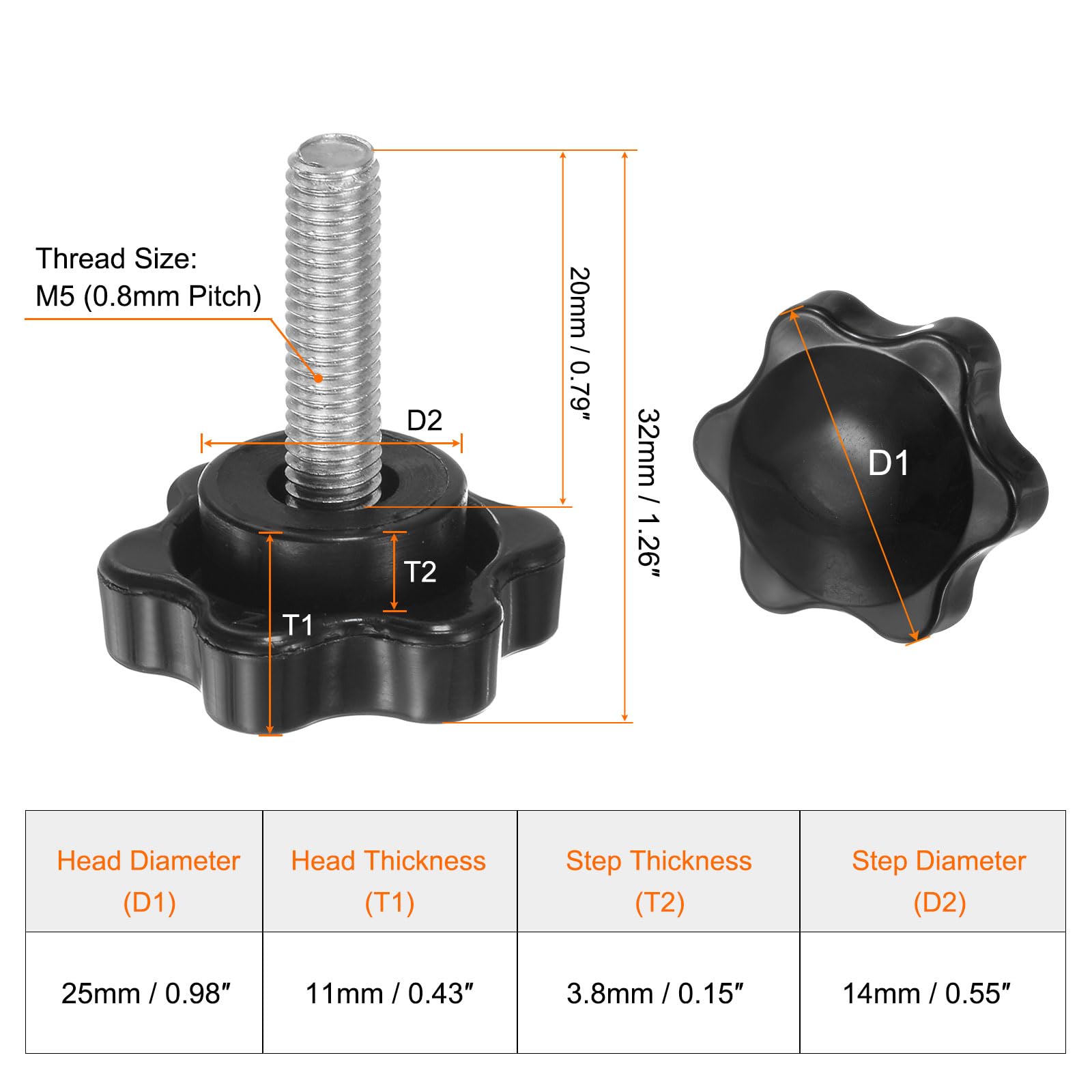 HARFINGTON 25pcs Star Knobs M5 x 20mm 304 Stainless Steel Threaded Stud 25mm Plastic 6-Star Head Hand Tightening Thumb Screw Clamping Jig Knob Handle, Black