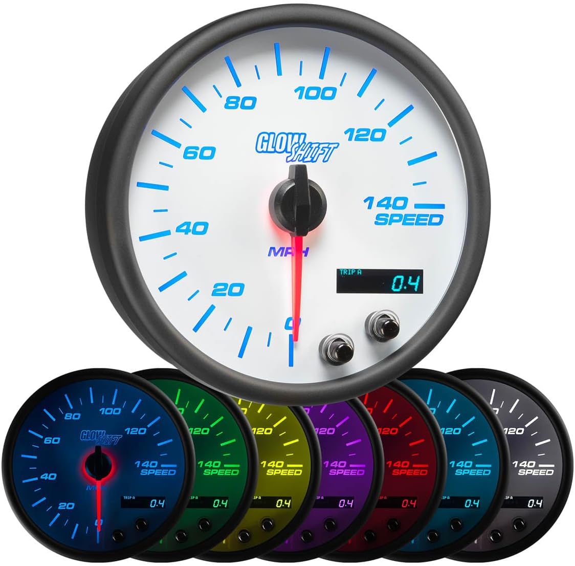 GlowShift White 7 Color 140 MPH Speedometer Gauge - Mounts in Custom Dashboard - Resettable Trip Meter - White Dial - Clear Lens - 3-3/4" 95mm