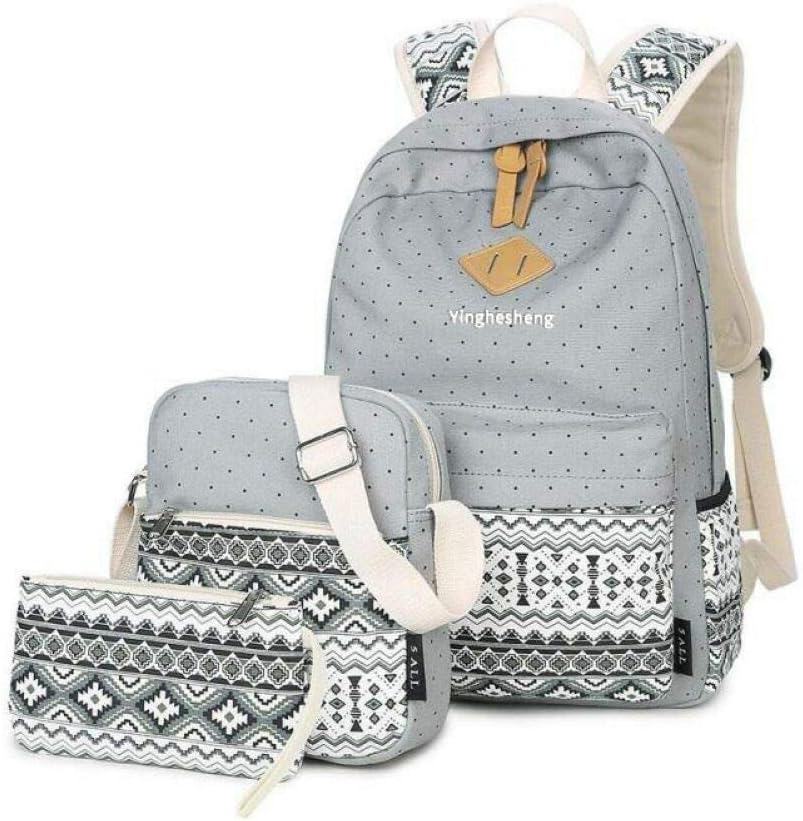 3 Piece Set Fashion Ladies Canvas Large School Backpack + Shoulder Bag + Pencil Case,Gray