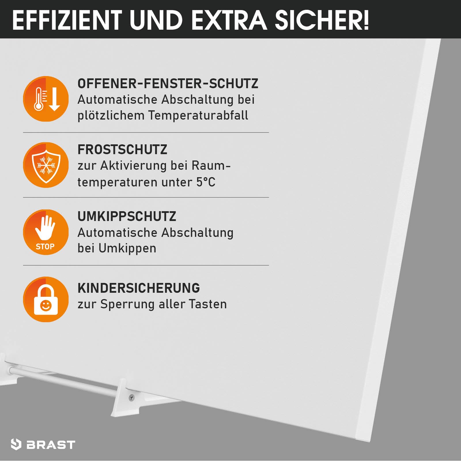BRAST® Infrarotheizung mit Thermostat | 300-1100 Watt | Made in Europe | Inkl. Wandhalterung Standsystem + Griff | hoher Wirkungsgrad | Flexibler Einsatz | Ultraflache Bauweise | IP-TH 300