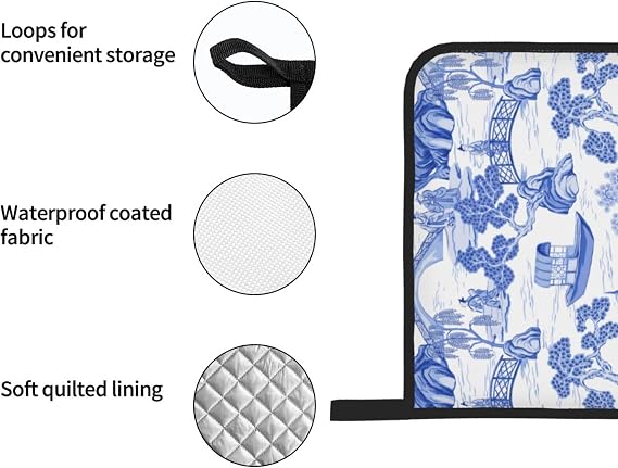 Blue Chinoiserie Pagoda White Oven Mitts and Pot Holders Set of 4, Oven Mittens and Potholders Heat Resistant Gloves for Kitchen Cooking Baking Grilling BBQ