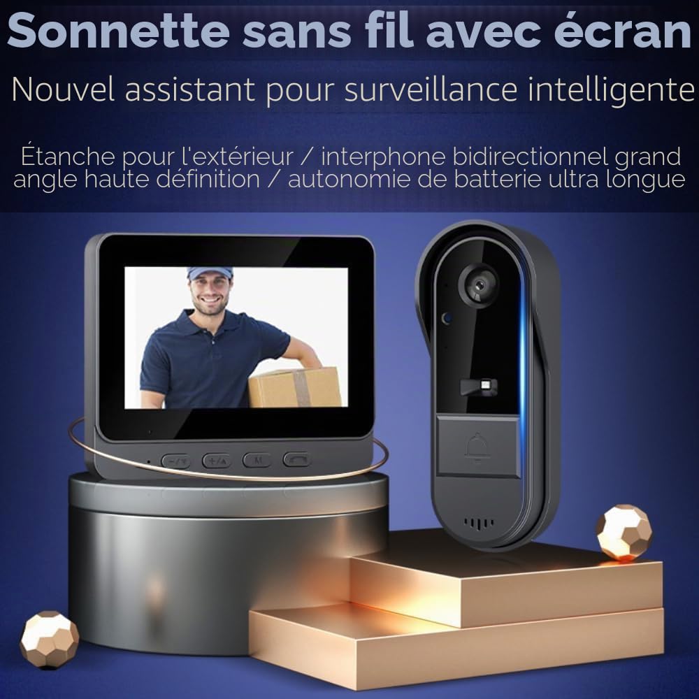 Sonnette sans Fil avec Caméra 1080P Exterieur étanche Visiophone Bluetooth Interphone Vidéo avec écran IPS de 4.3 Visiophone 170° Vision Nocturne Audio Bidirectionnel,Fonction Intercommunication