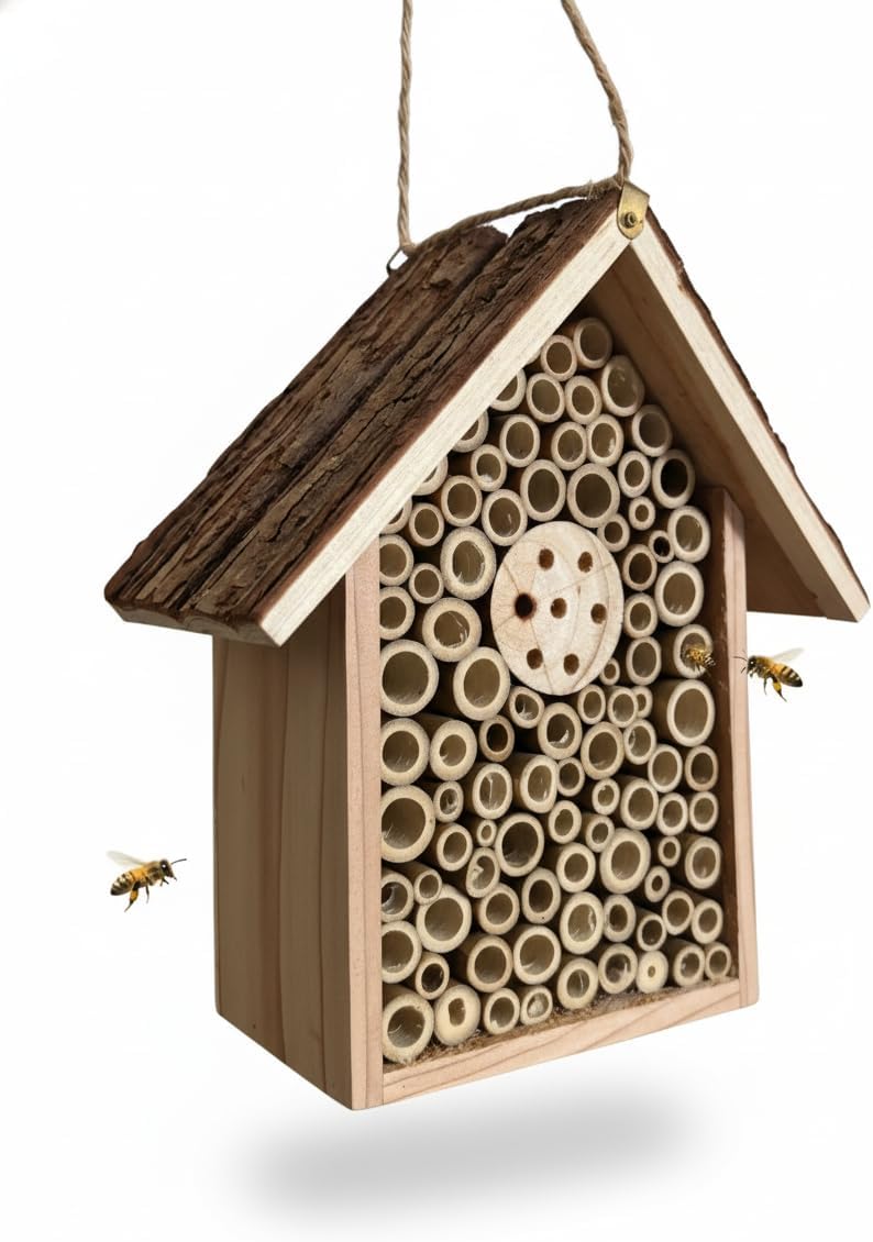 Redwood Mason Bee House - Solitary Bee Hotel & Wooden Pollinator House | Leafcutter Bee Hive with Easy-Hang Jute Rope | Weatherproof Insect Hotel & Outdoor Garden Decor for Pollinators