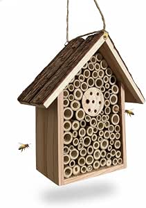 Redwood Mason Bee House - Solitary Bee Hotel & Wooden Pollinator House with Easy-Hang Jute Rope