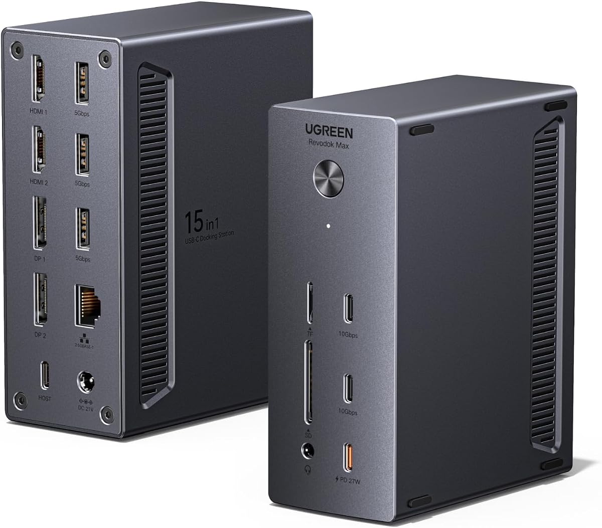 Estación de acoplamiento UGREEN USB-C DisplayLink, monitor cuádruple, controlador requerido | 15 en 1, único 8K@60Hz, 2xDP, 2xHDMI, 2xUSB-C 10Gbps, 3xUSB-A, 2.5GbE, host de 100W, salida PD de 27W, SD/TF 170MB/s, adaptador de 150W