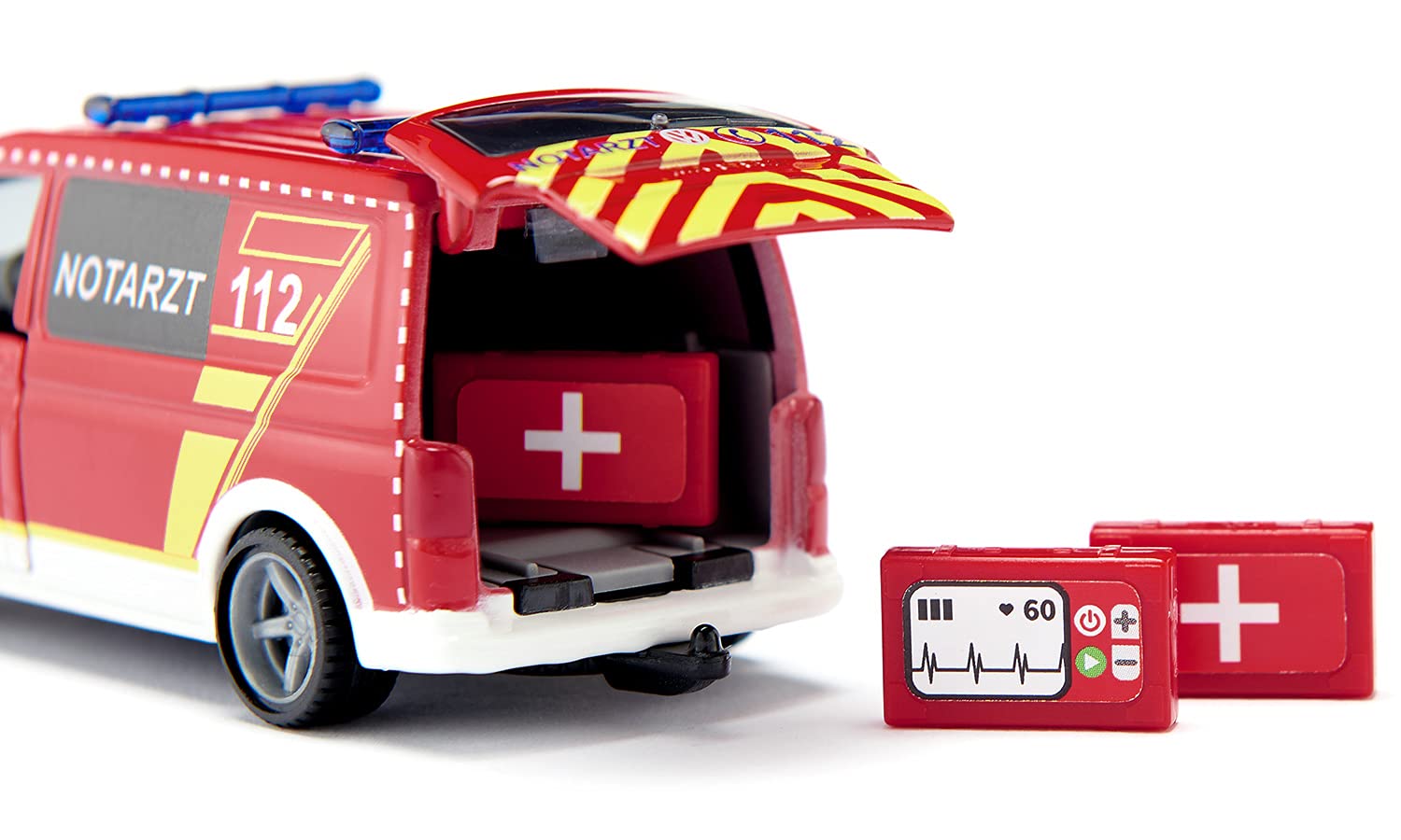 Siku 2116, VW T6 Ambulancia de Emergencia, Metal/plástico, 1:50, Rojo/Blanco, Ruedas Intercambiables, Puerta del Conductor y del acompañante y portón de atrás abribles, Incl. Accesorios