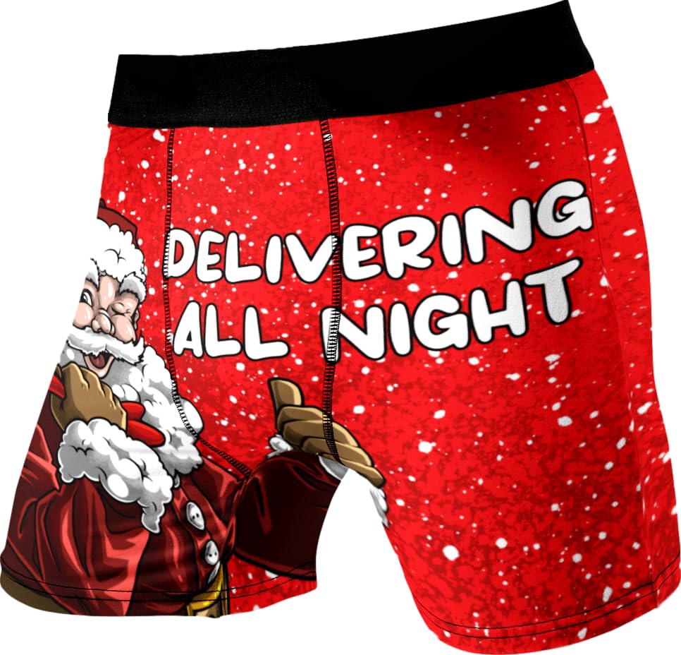 Random Stock Apparel Funny Christmas Boxer Briefs for Men – Santa Claus Delivering Gifts All Night Print Stretchy Moisture Wicking Holiday Gag Gift Underwear, X-Large