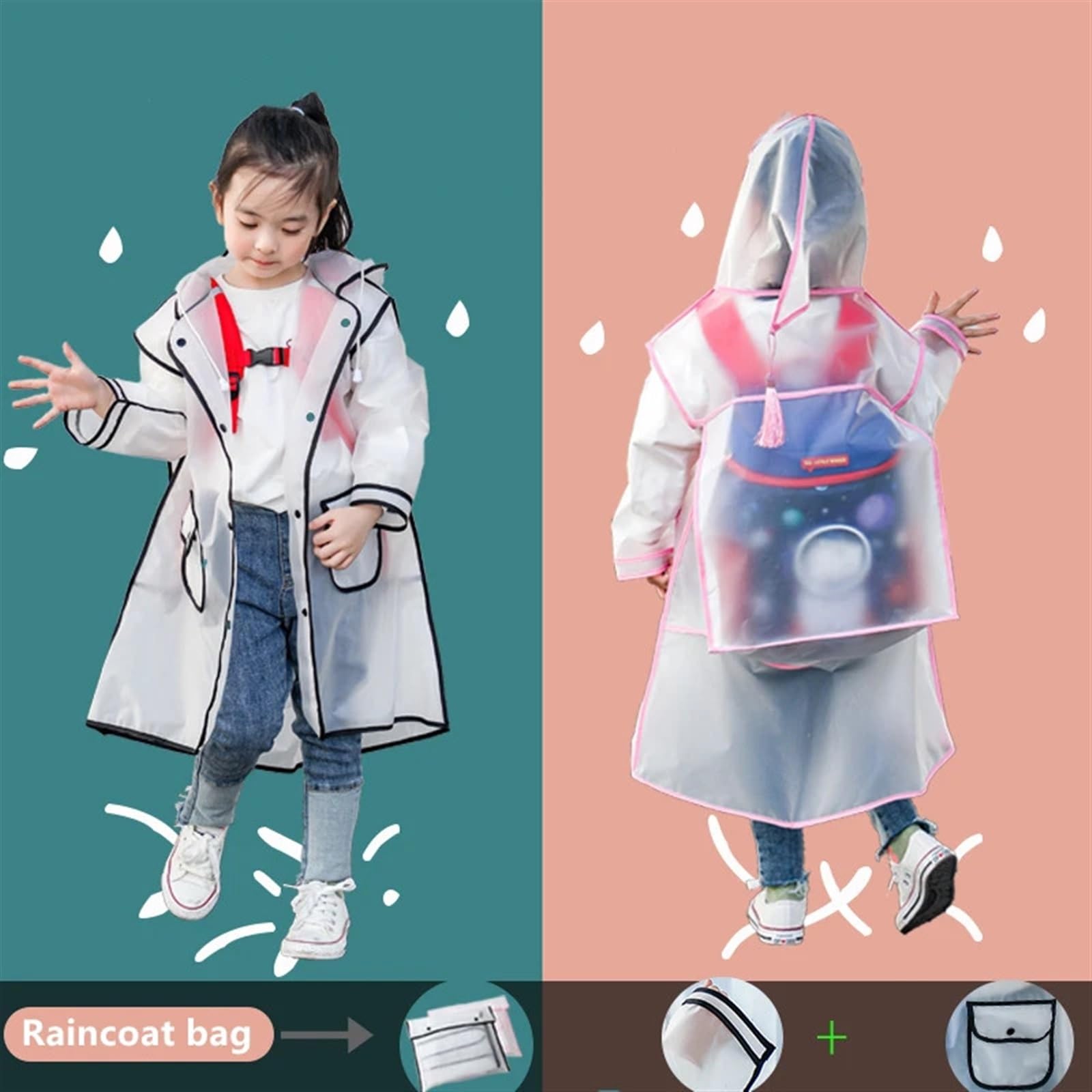 Chubasquero para Niños Chubasquero Transparente for niños y niñas, Poncho Impermeable de Cuerpo Entero for Alumnos de guardería, con Espacio for Mochila Escolar(Pink,XL)