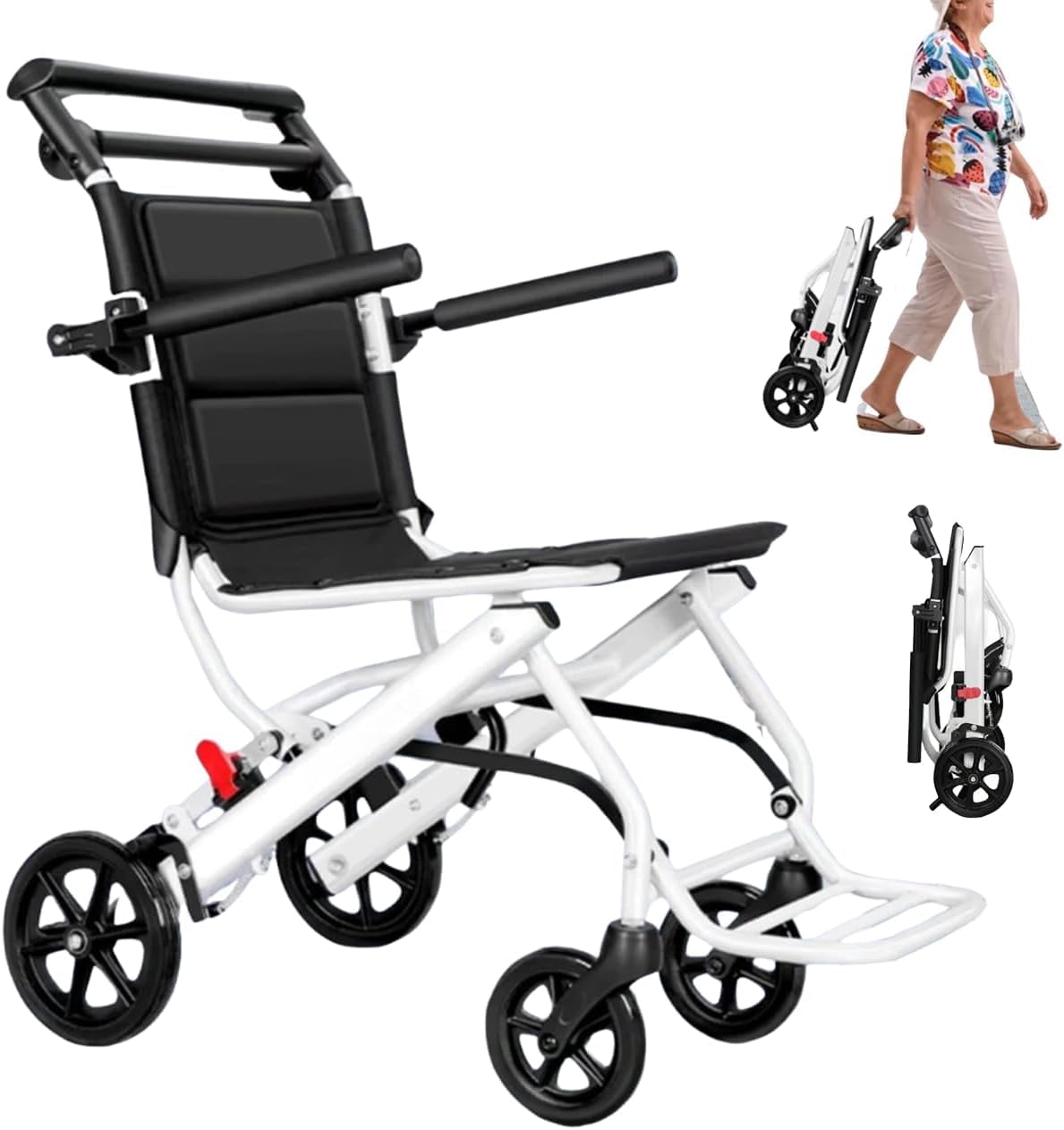 SXSLTSA Lightweight Folding Wheelchair, 8.2 KG Transit Travel Wheel Chair with Adjustable Safety Strap, Portable Aluminum Wheelchair for Adults, Transport Foldable Wheelchairs Black