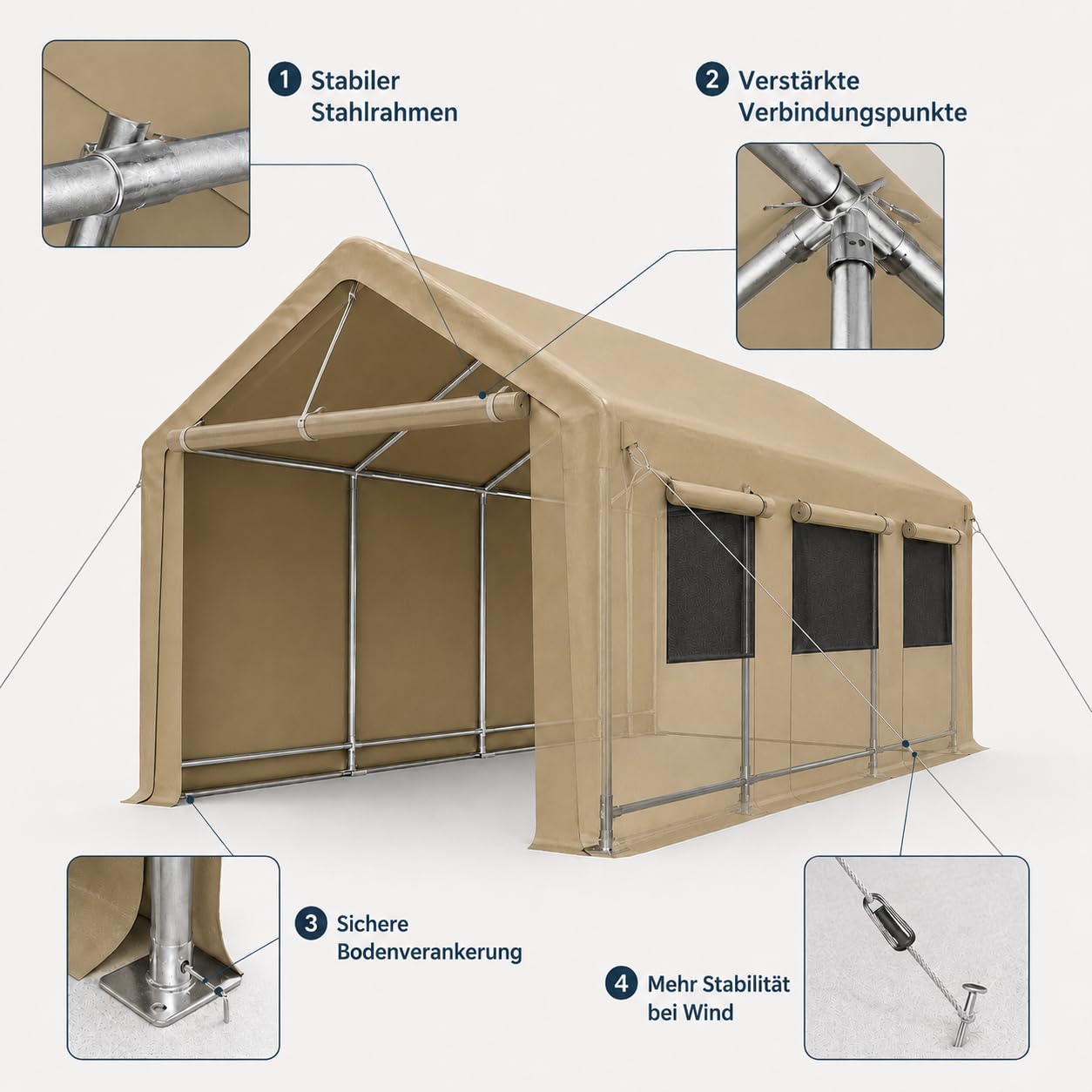 Carport Zeltgarage 3x6 m Winterfest – Garagenzelt mit Rolltor & Seitenfenstern – Wasserdichtes Oxford-Gewebe, Stabiler Stahlrahmen – Auto Carport & Unterstand für PKW, SUV & Motorrad