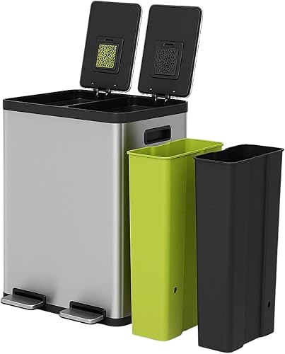 SIMPLI-Magic Cubo de basura de 16 galones (60 litros), cubo de basura de cocina de doble compartimento con contenedores de basura y reciclaje, tapa