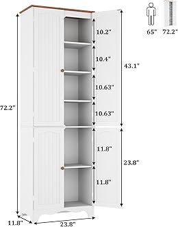 Function Home 72" Kitchen Pantry Cabinet, Freestanding Storage Cabinet, Tall Food Pantry with Doors and Adjustable Shelves, Utility Floor Cabinet for Kitchen Dining Room Living Room, White