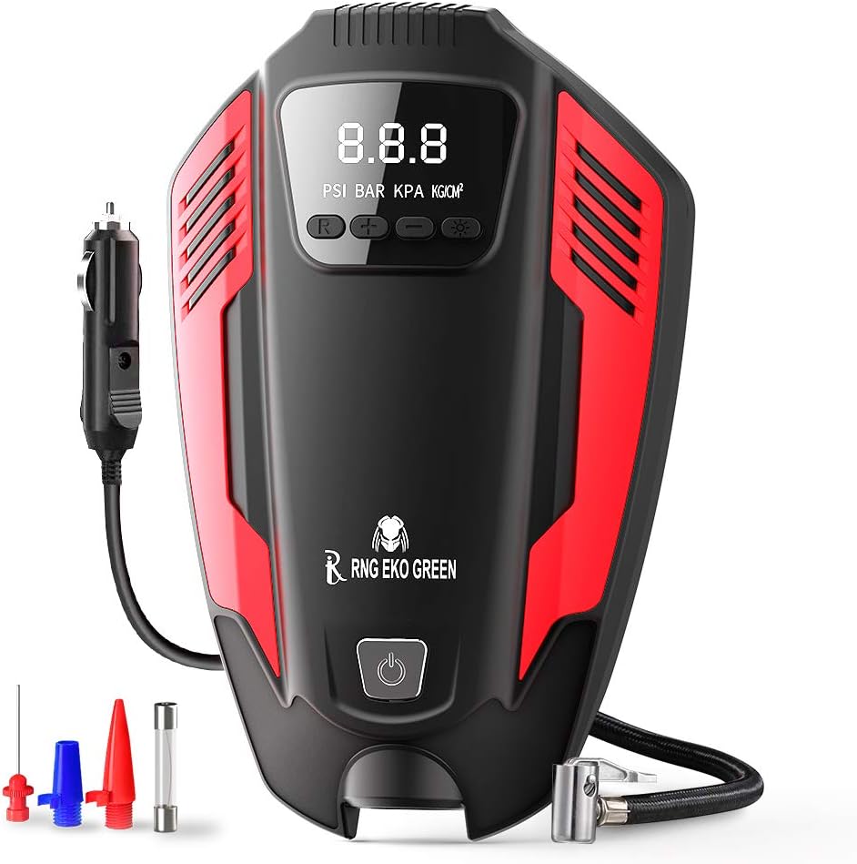 Ri RNG EKO GREEN Digital Heavy Duty Car Air Compressor Tyre Inflator, DC 12V/ 50L Airflow 1205 Predator Series Tire Inflator for Car Tires, Bikes, Bicycles & Other Inflatables- (Red+Black)